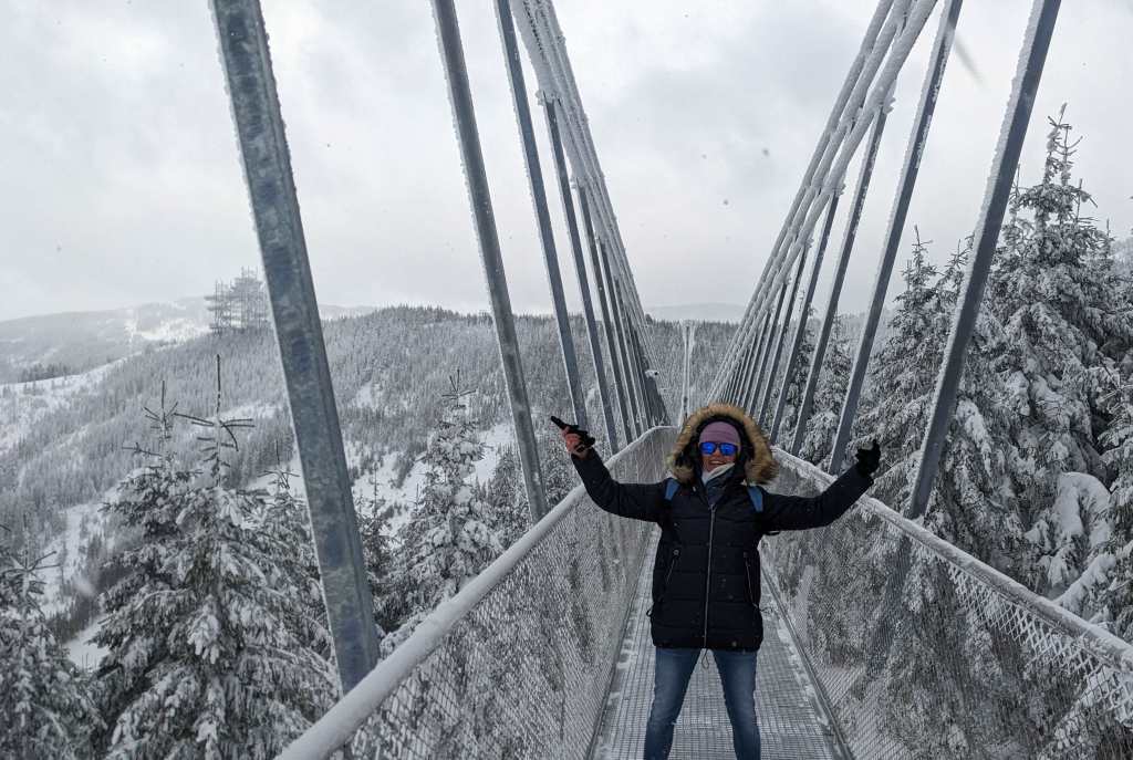 Ela on the Icy Bridge at Dolni Morava